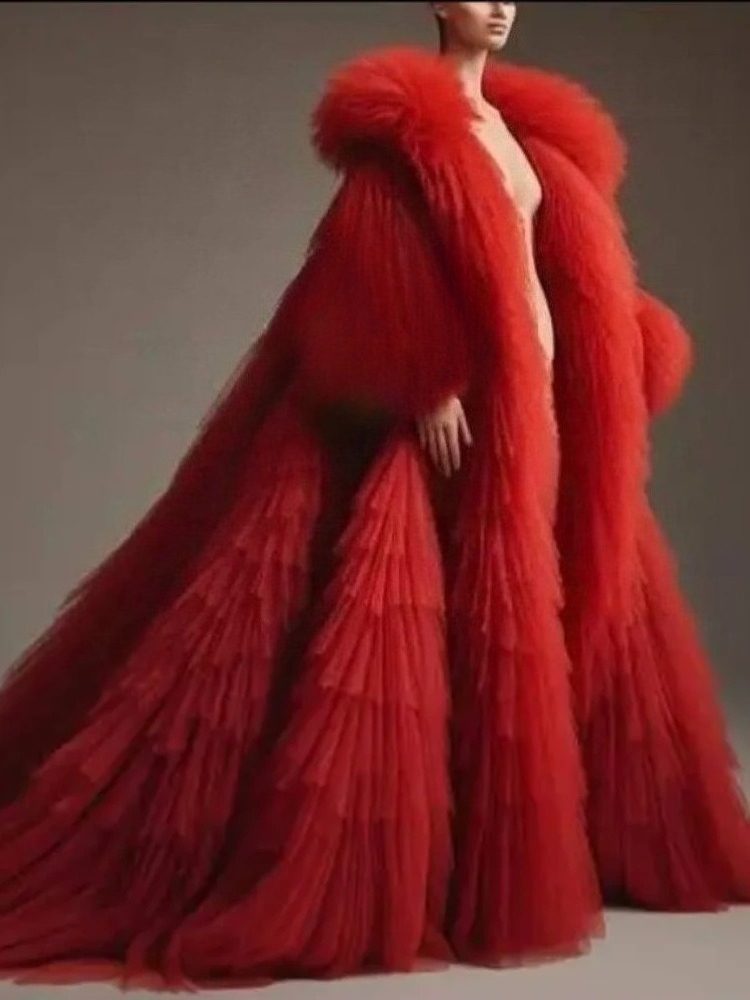 Capa Longa Vermelha de Tule Pl - Women'S Red Formal Wear avaliação e preço